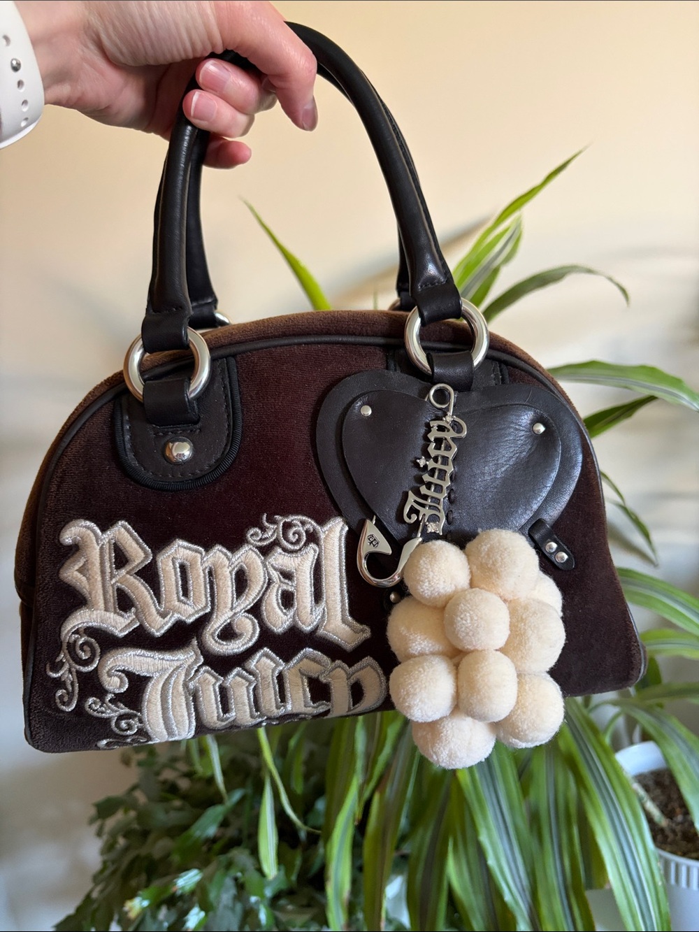 Vintage Juicy Couture Brown Top-Handle Satchel with Cream Pom Charm